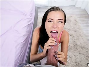 ginormous man meat squeezes into the lil' muff fuckhole of Carolina Sweets and extreme cum-shot